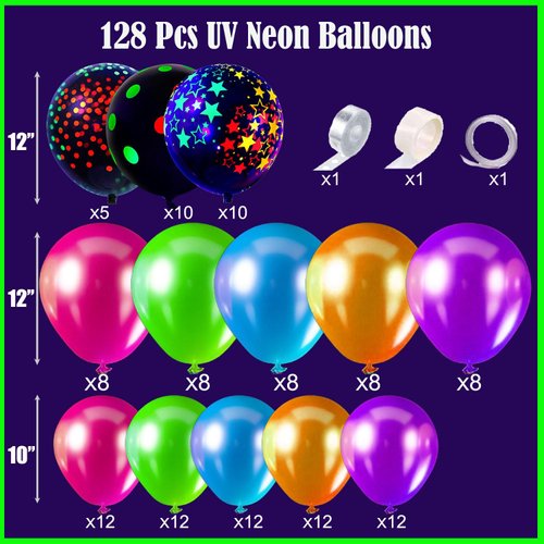 128Pcs UV Neon Glow in the Dark Balloon Arch Kit, Rainbow Red Blue Yellow Green Balloons, Fluorescent Party Supplies for Disco, Glow Parties, 80s 90s Neon Themed Birthday Celebrations