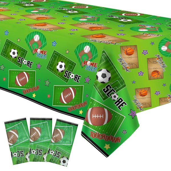 Xigejob Sports Theme Birthday Party Tablecloth Supplies - Disposable Sports Party Decorations Table Cover, Soccer Basketball Baseball Football Theme Table Cloth Decoration- 3 Pack (54in x 108in)