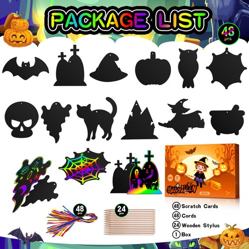 Halloween Craft Scratch Paper for Kids - 48 PCS Party Favors Magic Rainbow Scratch Off Paper Crafts Arts Kits for Halloween Party Games Supplies Halloween Gifts Toys Classroom Prizes Boys Girls