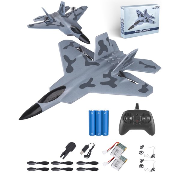 YQOGK RC Plane Toys for Boys and Adults: F22 Raptor Jet Airplane Model for Hobby Beginners with 2.4GHz Remote Control, RC Glider Fighter Army Toys for Kids Teens 8 10 12, Grey