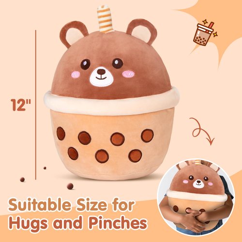 CozyWorld Bear Boba Tea Plush,Boba Bear Plush Pillow,Cute Bubble Tea Bear Stuffed Animal,Soft Boba Bear Plushie,Pearl Milk Tea Plush Toy Birthday Christmas Valentines Gifts for Kids (Brown,12 inch)