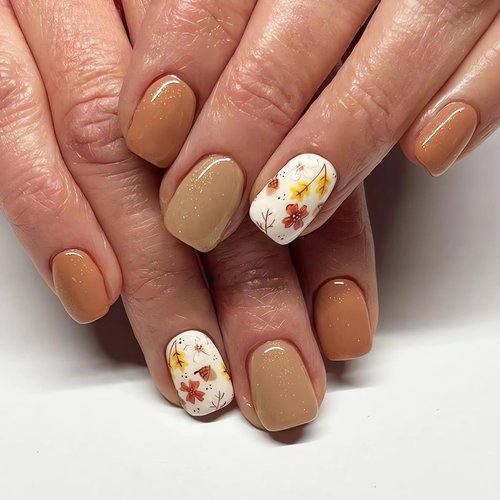 24 Pcs Fall Press on Nails Short Square Fake Nails Yellow Brown False Nail Tips with Flower Leaf Designs Glossy Nude Acrylic Nails Full Cover Glue on Nails Short Artificial Stick on Nails for Women