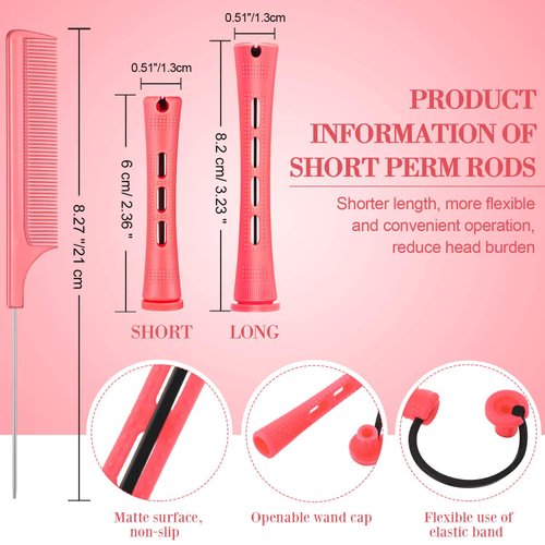 48 Pieces Hair Perm Rods Short Cold Wave Rods Plastic Perming Rods Hair Curling Rollers Curlers with Steel Pintail Comb Rat Tail Comb for Hairdressing Styling Supplies (0.51 Inch, Pink)