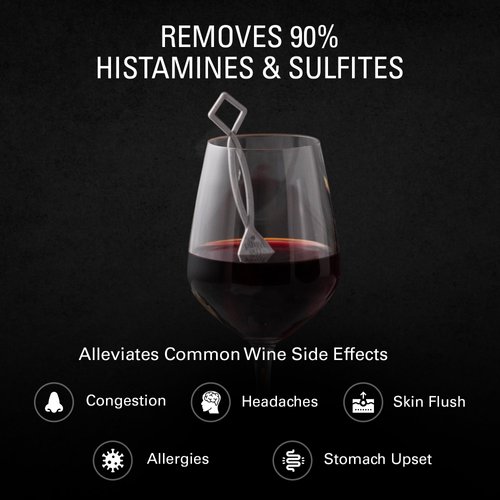 PureWine Pink Wand Filters Histamines and Sulfites - May Reduce and Alleviate Wine Allergies & Sensitivities - Purifier Aerates Wine Restore Taste & Purity - Includes Wine Glass Charm Accessory