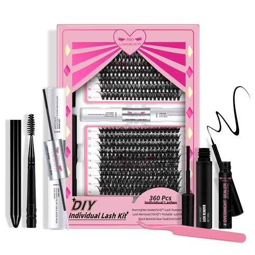 DIY Lash Extension Kit with 360 Pcs Individual Lashes Lash Bond and Seal Overnighter Sealer Lash Remover Eyelash Applicator Lash Brush for Beginner Easy to Use(40D+50D-D-10-16mix Kit)