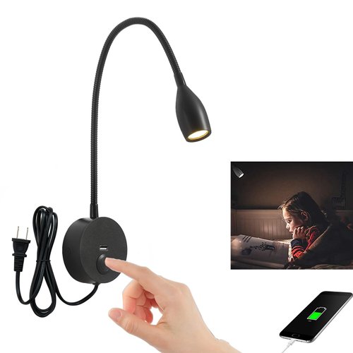 CRISETEK Touch Switch Dimmable Reading Light Wall Mounted Reading Light headboard Task Directional Gooseneck LED Light AC (120V) Powered 3W (Matte Black, Warm White)
