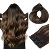 HOTBANANA Human Hair Clip in Hair Extensions, Balayage Dark Brown Mixed Chestnut Brown 120g Clip in Hair Extensions Real Human Hair Straight Remy Hair Clip Ins Dark Roots Ombre 16 Inch 7pcs