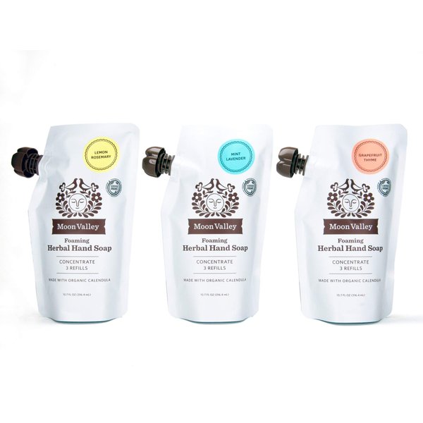 Moon Valley Foaming Hand Soap Refill Pouch, Three-Pack Lemon Rosemary, Mint Lavender, Grapefruit Soap, Vegan and Non-GMO, Environmentally Friendly Option