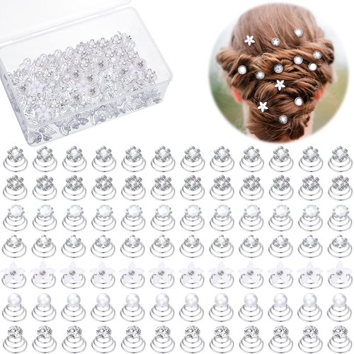 108 Pcs 7 Styles Wedding Crystal Twisters Spiral Set Bridal Rhinestone Hair Pins Silver Coil Pearl White Flower Hair Gems Hair Clips for Prom with Clear Box for Women Party Gift