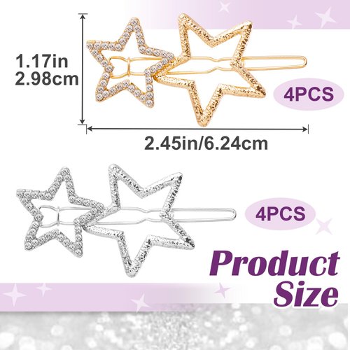 Joez Wonderful 8 Pcs Star Hair Clips, Metal Star Hairpins, Gold Silver Rhinestone Star Hair Accessories for Women, Girls, Thick Hair, Long Hair
