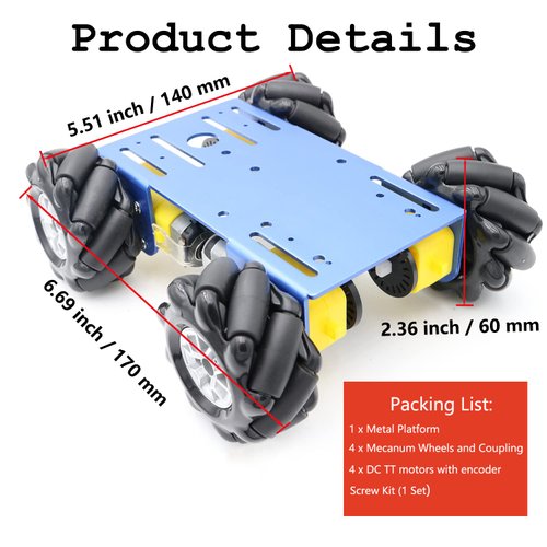 Professional 60mm Mecanum Wheel Car Chassis MC100 for Arduino/Raspberry pi/Micobit, Remote Control 4WD Metal Smart Robot Car Chassis Kit Omnidirectional Wheel with DC TT Motor DIY Toy AI ROS STEAM