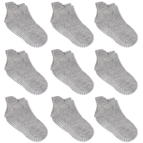 ZAPLES Baby Non Slip Grip Ankle Socks with Non Skid Soles for Infants Toddlers Kids Boys Girls, Gray, 4-7 Years
