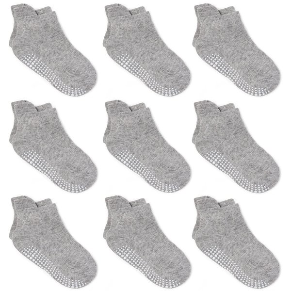 ZAPLES Baby Non Slip Grip Ankle Socks with Non Skid Soles for Infants Toddlers Kids Boys Girls, Gray, 4-7 Years