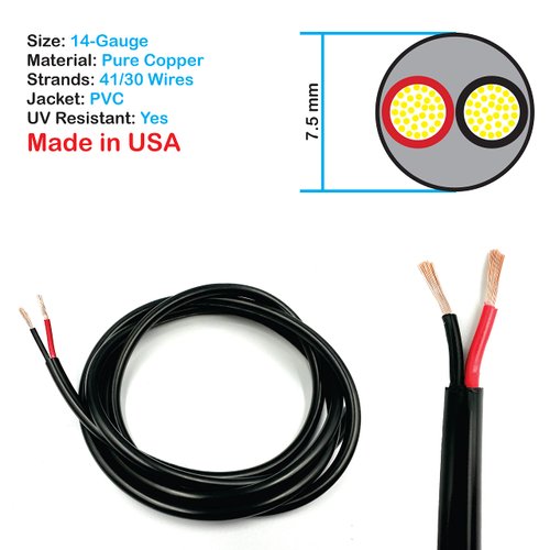 NATIONAL Wire&Cable - 14 Gauge 2 Conductors Premium Electrical Wire - Made in USA - 14 AWG Wire Stranded PVC Cord Copper Cable 25 Ft. Flexible Low Voltage LED Cable Lighting Automotive