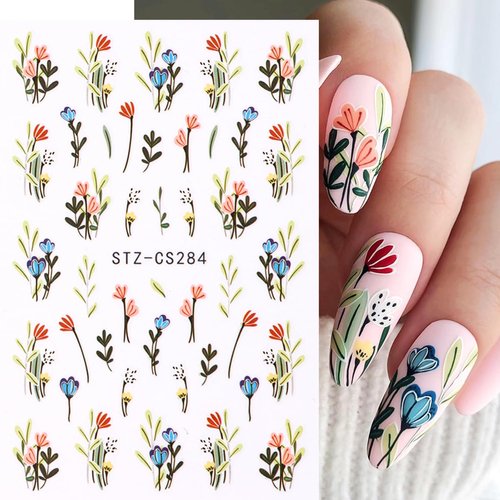 Flower Nail Stickers for Nail Art - 6Sheets Flowers French Tip Nail Art Design Decals Rose Nail Art Stickers Colorful Flower Branch Bouquet Nail Supplies Decoration for Women Girls Nail Accessories