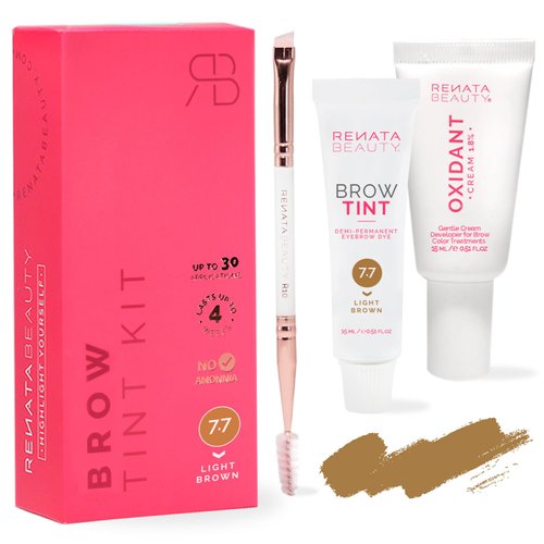RB RENATA BEAUTY Lash and Brow Tint Kit – Eyelash & Eyebrow Tint Set – Dye Kit with Color Tint, Cream Developer and Styling Brush – Long-Lasting Effect Up to 4 Weeks – 30 Applications [Light Brown]