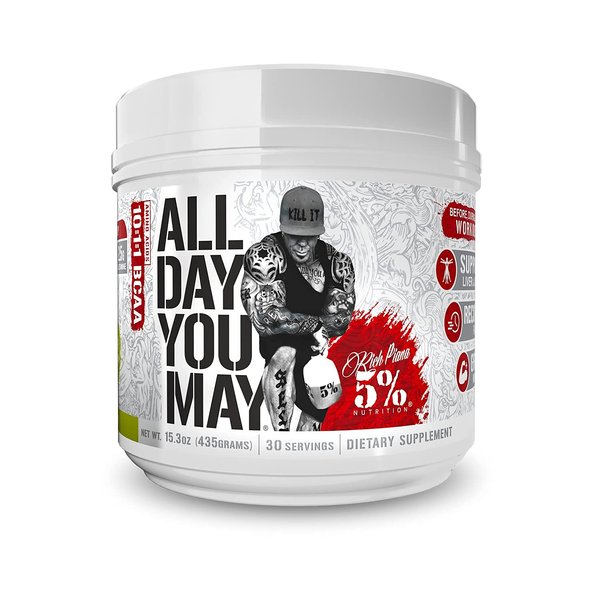 5% Nutrition Rich Piana AllDayYouMay BCAA Powder | Premium Intra & Post Workout Amino Acids, Hydration, Endurance, Muscle Recovery, Joint & Liver Support | 15.3 oz, 30 Servings (Lemon Lime)