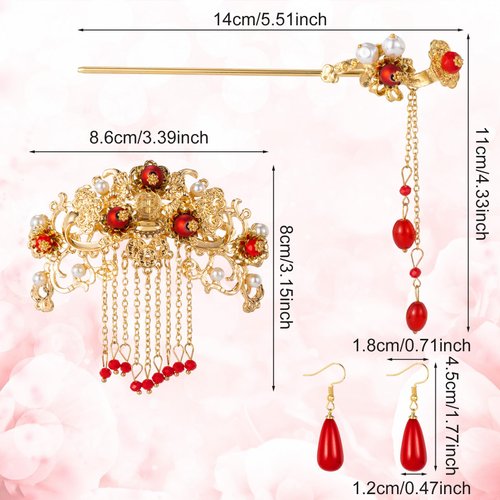 Nuorest Chinese Hair Accessories for Wedding, Red Tassel Hair Pin Alloy Pearl Hair Jewelry Set, Red Dangle Drop Earrings, Vintage Hair Sticks, Hair Styling Pins for Women, Girls, Brides for Parties