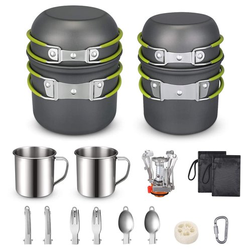 G4Free Camping Cookware Mess Kit 19 Pieces Hiking Backpacking Picnic Cooking Bowl Non Stick Pot Pan Knife Spoon Set 19PCS (Green)