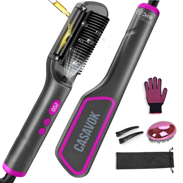 Hair Straightener Brush with Negative Ion,3 IN1 Hair Straightening Brush with Essential Oil Infusion,Hair Brush Straightener for Women,Dual Voltage for Travel, Anti-Scald,9 Digital Temp-Setting