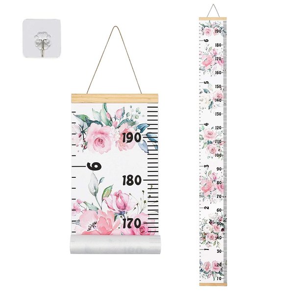 BESSLEE Canvas Kids Growth Chart for Wall, Floral Height Measurement Tracker for Baby Girl, Hanging Ruler with Removable Hook, Nursery Room Playroom Toddler Bedroom Decor, 79”x7.9” Pink