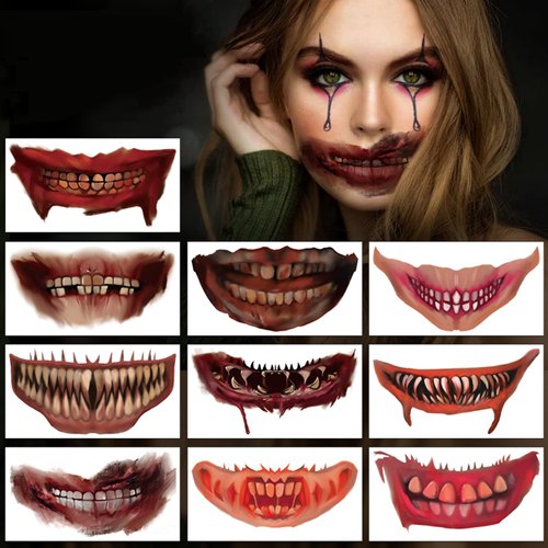 TopFunny Halloween Temporary Tattoos, 10 Sheets Clown Horror Mouth Tattoo Stickers Zombie Vampire Tattoo Face Decals Gifts Prank Props for Halloween Cosplay Party Decorations Props Lips