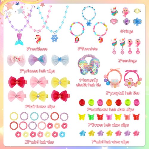 Kids Jewelry for Girls, 68Pcs Toddler Jewelry Toys Princess Dress Up Jewelry Set, Necklaces, Bracelets, Kids Rings, Hair Ties, Hair Clips, Funny Christmas Birthday Gifts for 3 4 5 6 7 8 Year Old Girl
