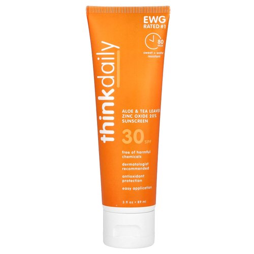 Thinkdaily Mineral Sunscreen, SPF 30 Zinc Oxide Sunscreen with Aloe & Tea Leaves, 3 Fl Oz, Natural, Water Resistant Reef Safe Sunscreen, Broad Spectrum UVA/UVB Sun Screen for Sun Protection