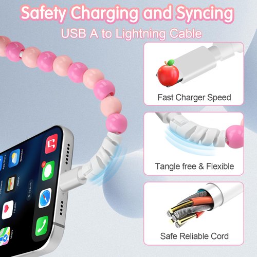 Coolden for iPhone Charger Cord 6.6 FT Charging Cable 66W iPhone Charger Fast Charging Stylish & Durable Beaded iPhone Charger Cable for iPhone 14 13 12 11 Pro Max XR XS Max iPad Pro/Air/Mini Pink