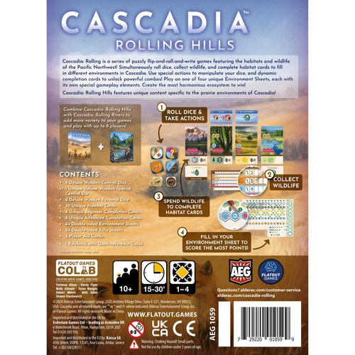 AEG & FlatOut Games | Cascadia: Rolling Hills Roll & Write Puzzly Dice Game | Explore The Pacific Northwest, Build Ecosystems | Ages 10+ | 1-4 Players