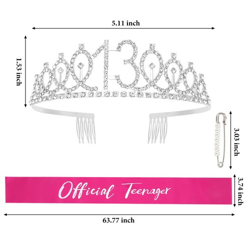 CAVETEE Silver 13th Birthday Crown for Girls and Official Teenager Birthday Sash 13th Birthday Decorations Birthday Gifts for Teen Girls Sliver Birthday Tiara and Sash Set for Teenager Girls