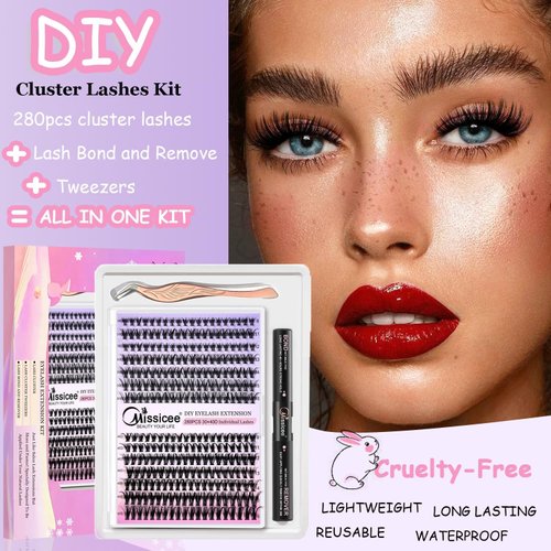 DIY Lash Extension Kit,280pcs Individual Lashes Cluster D Curl Eyelash Extension Kit 30D 40D 9-16mm Mix Clusters Lash with Lash Bond and Remover, Lash Applicator Tool for Self Application at Home