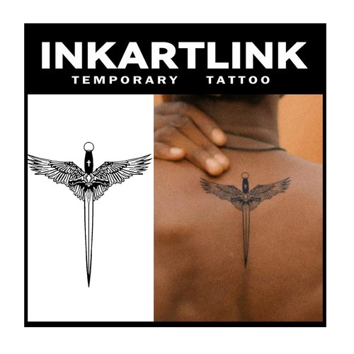 INKARTLINK Tattoo Tech, 2 Sheets Medium Semi Permanent Tattoo, Adult Art Design Temporary Tattoos, Lasts 1-2 Weeks, Waterproof, Realistic Look, No Adhesive, No Reflection (Holy Sword Design)
