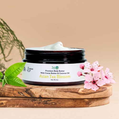 360Feel Asian Tea Blossom Body Butter - Cocoa Butter & Shea Butter - Coconut & Jojoba Oil - Non-greasy - Infused with Essential Oils - Moisturizing Cream for Daily Uses - 8 Fl Oz