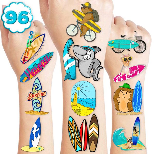 Generic 133 PCS Surf Temporary Tattoos Stickers Theme Surfing Surfboard Themed Birthday Party Decorations Favors Decor Supplies Gifts for Boys Girls School Classroom Prizes Rewards