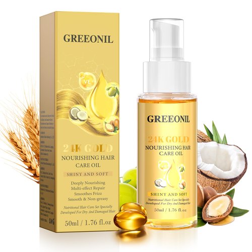 GREEONIL 24K Gold Argan Oil Coconut Oil Olive Oil and Vitamin E for Frizz Control, Nourishing Hair Oil for Split Ends Hair Treatment, Add Shine
