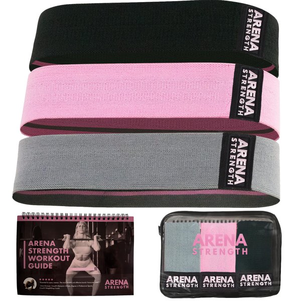 Arena Strength Fabric Exercise Booty Bands for Legs and Butt | Hip Resistance Bands Set of 3 with Workout Guide and Carry Case