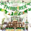 Three Rex Birthday Party Decorations-Green Glittery Three Rex Banner and Dinosaur Theme Garland 3rd Birthday Party Supplies for Boys Girls