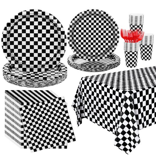 durony 121 Pieces Racing Party Tableware Set Include Black and White Checkered Napkins, Cups, Checkered Flag Tablecloth, Red Forks Racing Party Supplies for Car Party Theme Decoration