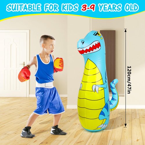 EQARD Punching Bag for Kids 47" Inflatable Dinosaur Bop Bag with Thicker Material Instant Bounce Back with Boxing Gloves Karate Kickboxing Taekwondo Kids Gift for Age 3-9 Girls & Boys (Blue)