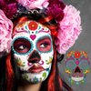 Day of the Dead Face Tattoos, Halloween Temporary Tattoo 10 Pack Dia de Los Muertos Skeleton Makeup Kit Catrina Red Rose Sugar Skull Full Face Stickers for Women Kids Halloween Accessories and Parties