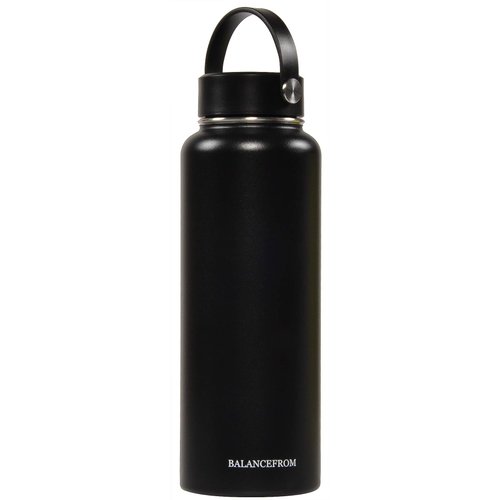 Signature Fitness Double-Wall Vacuum Insulated Stainless Steel Water Bottle, 3 Caps Included, 40 Oz, Black