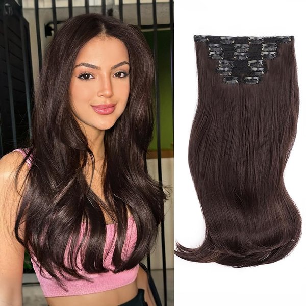 ALXNAN Clip in Hair Extension, Hair Extension Thick Long Stright Layered Hair Extensions Dark Brown 16 Inch Soft Lace Weft Hair Extensions for Women