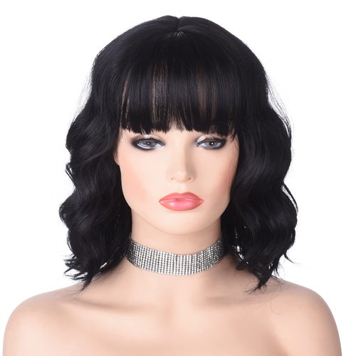 AMZCOS Short Black Wavy Wig with Bangs for Women 12 Inch Natural Synthetic Hair Bob Wigs for Womens Daily Wear (Black)