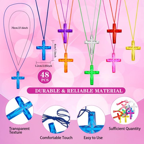Equsion 48 Pcs Cross Necklaces Christian Religious Party Favors Include 24 Plastic Crystal Cross Necklace DIY Craft Gifts with 24 Bracelet for Vacation Bible Prize Favor (Cross)