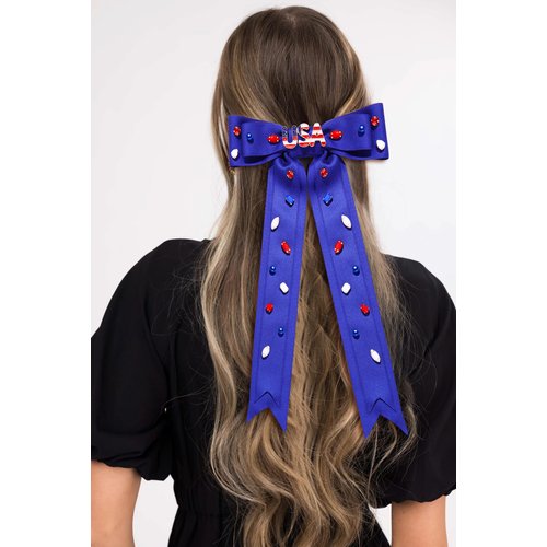 Boderier 4th of July Bows for Girls American Flag USA Hair Bow Clips Jeweled Patriotic Ribbon Hair Clips Independence Day Hair Accessories Fourth of July Party Favors USA Blue