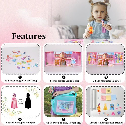 Yuzee Paper Dolls Stickers - Magnetic Dress Up Dolls for Girls - Toddler Travel Toys - 1 Paper Doll and 33 Clothing Accessories with 3D Magnetic Game Scene, Foster Creativity and Imagination (Joy)