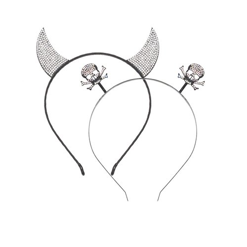 Halloween Devil Horns Headband Rhinestone Skull Head Boppers Hair Band Sparkle Crystal Skeleton Headpiece Party Cosplay Props Dress Supplies Costume Hair Accessories for Women Girls (Set 2pcs)