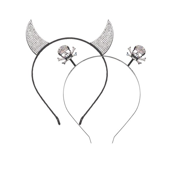 Halloween Devil Horns Headband Rhinestone Skull Head Boppers Hair Band Sparkle Crystal Skeleton Headpiece Party Cosplay Props Dress Supplies Costume Hair Accessories for Women Girls (Set 2pcs)