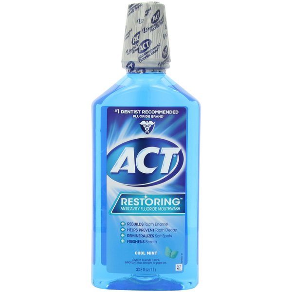 ACT Restoring Fluoride Mouthwash 33.8 fl. oz. Strengthens Tooth Enamel, Cool Mint